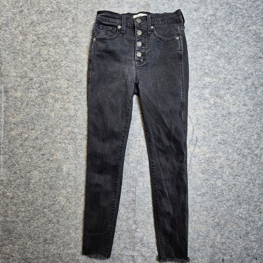 MADEWELL High Rise Black Skinny Jeans with Raw Frayed Hem button fly